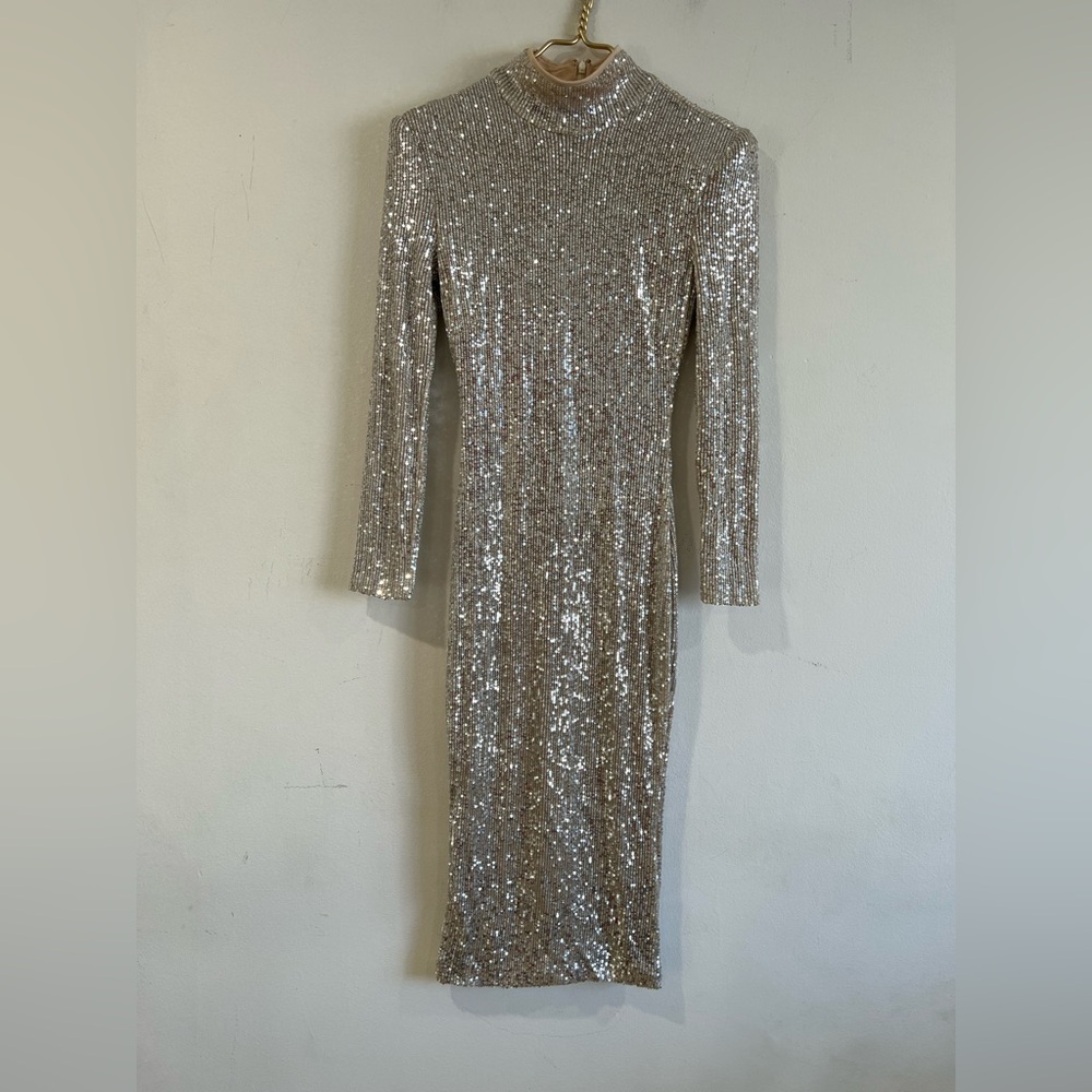JLUXLABEL Shimmering  gold  Long Sleeve midi shoulder pads Dress